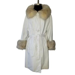 Vtg 70s White Leather Fox Fur Trim Belted Coat S/M